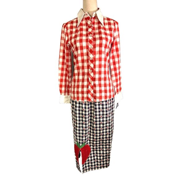 Vintage 70s Handmade Novelty Apples Gingham Set Deadstock JH Shirt Cottagecore - Picture 8 of 16